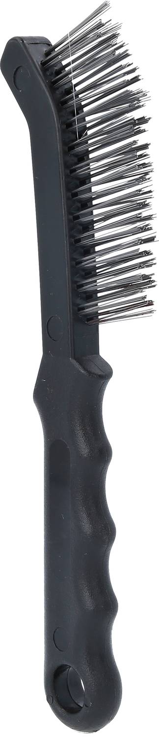 Schwarze Tierhaarbürste mit ergonomischem Griff und Metallborsten, geeignet zur Fellpflege von Hunden und Katzen.