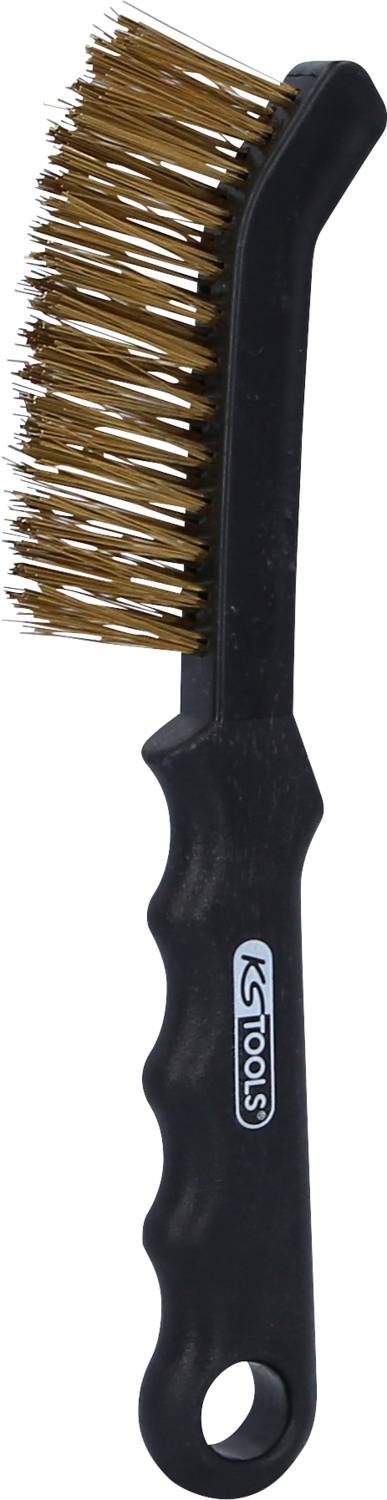 Eine schwarze Drahtbürste mit Messingborsten und ergonomischem Griff, geeignet für die Reinigung von Metalloberflächen.