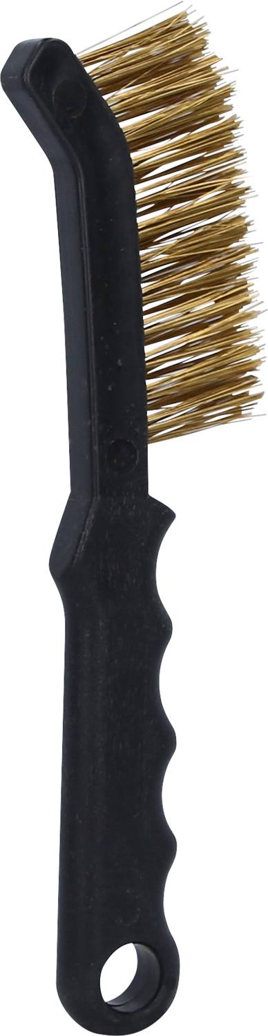 Kleine Drahtbürste mit schwarzem Kunststoffgriff und Messingborsten, ideal zum Reinigen von schwer zugänglichen Stellen.