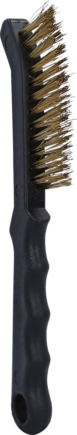 Schwarze Drahtbürste mit ergonomischem Griff, gebogene Metallborsten. Geeignet zum Entfernen von Rost oder Farbe von Oberflächen.