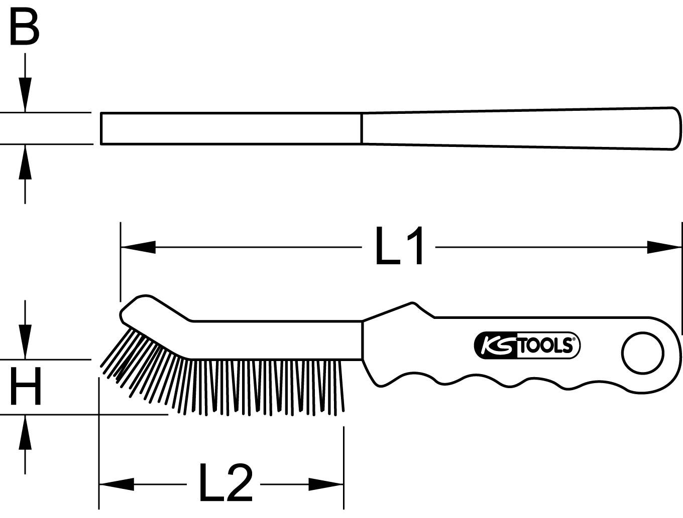 Zeichnung einer Drahtbürste mit Maßen: Gesamtlänge L1, Griffbereich L2, Borstenhöhe H, Stiellänge B. KS Tools-Logo auf dem Griff.
