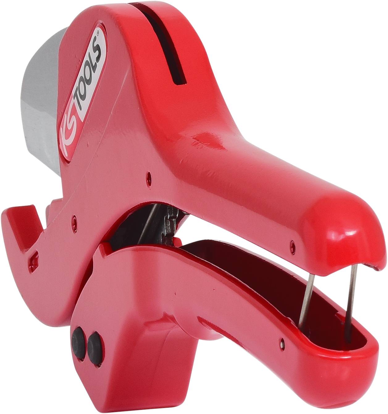 Roter Verpackungsband-Abroller aus Kunststoff mit Metallkomponenten für schnelles Abwickeln und Schneiden von Klebebandrollen.