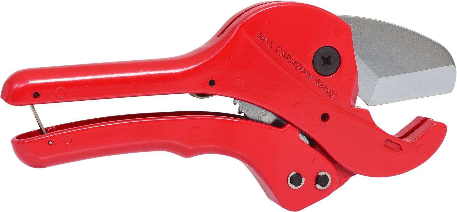 Rote Rohrschneiderzange mit scharfem Metallkopf zum Schneiden von Kunststoffrohren. Werkzeug für Sanitär- und Installationsarbeiten.