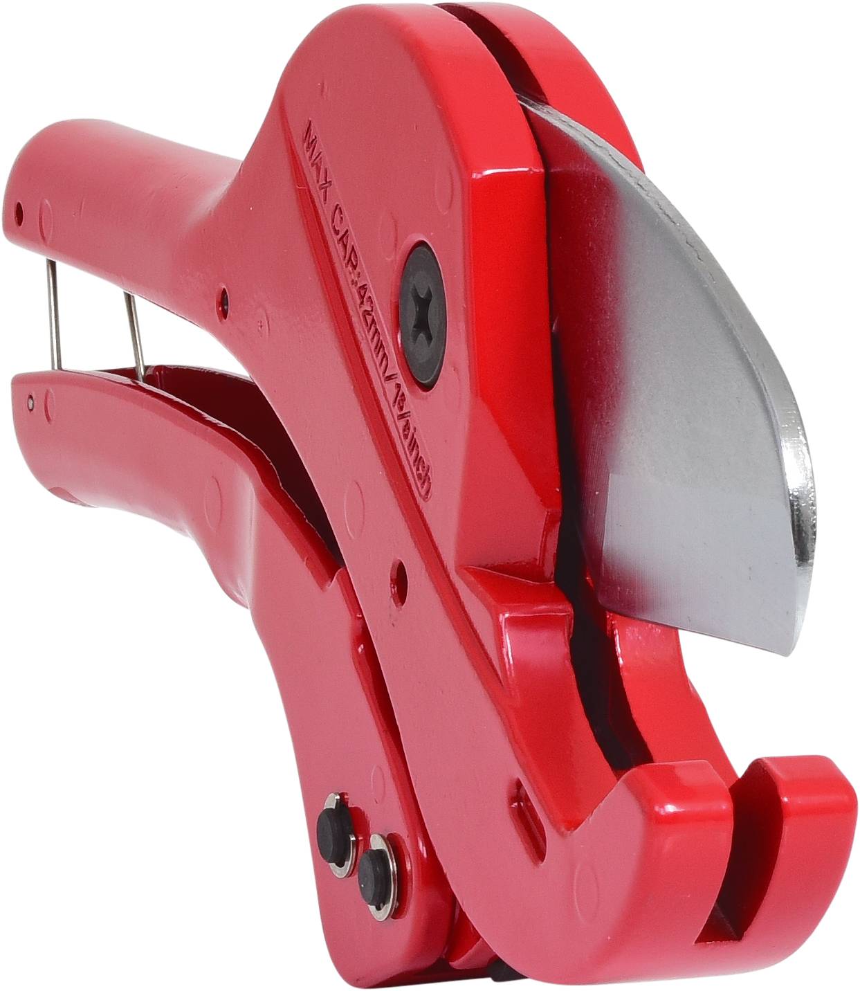 Rote Rohrschneiderzange aus Metall und Kunststoff, geöffnet, zum Schneiden von Rohren.