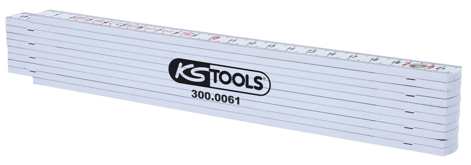 Ein weißer Zollstock von KS Tools mit der Nummer 300.0061, flach auf einer Oberfläche liegend.
