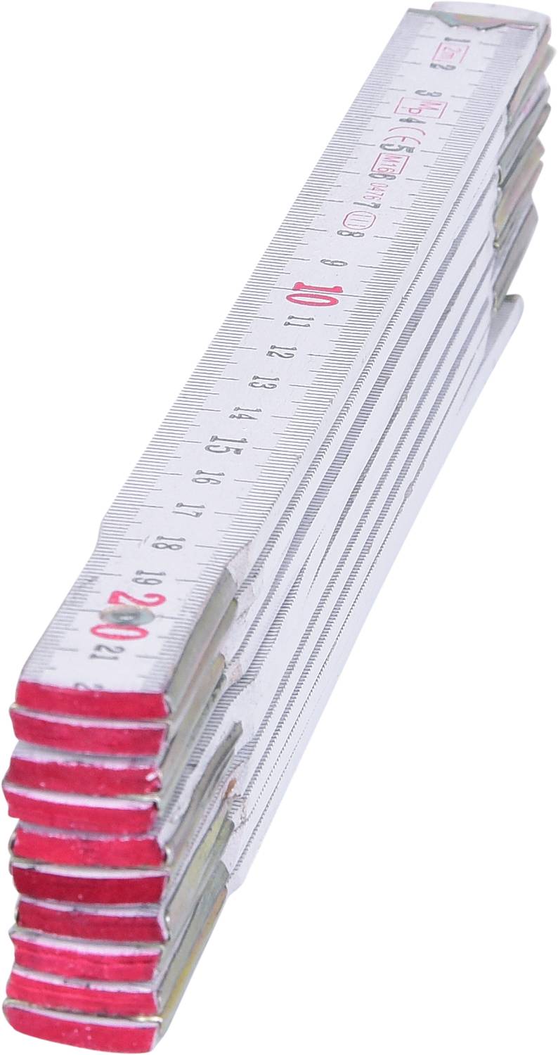 Zusammenklappbares Maßband aus Metall, auf eine Länge von 20 cm ausgebreitet. Rote Markierungen zeigen Zentimeterschritte an.