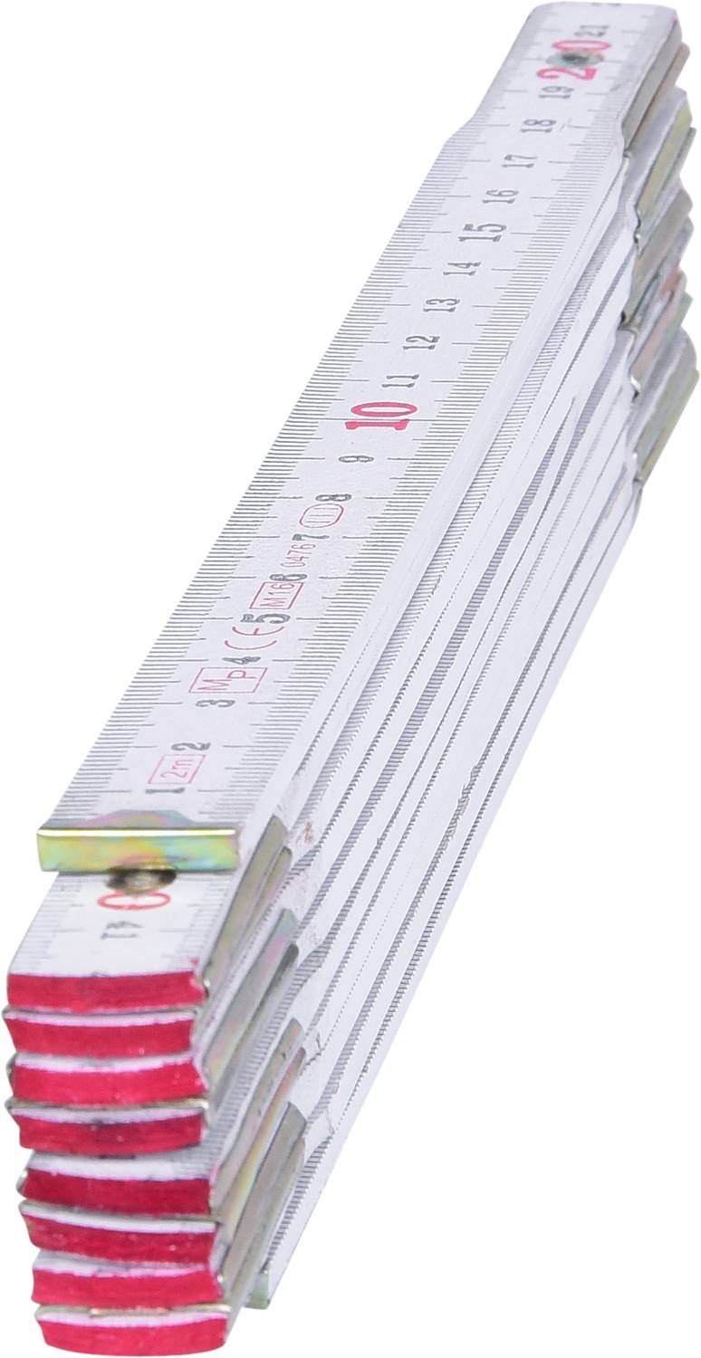 Zollstock eingeklappt, hauptsächlich weiß mit roten Akzenten, verwendet zum Messen in Handwerk und Bau.