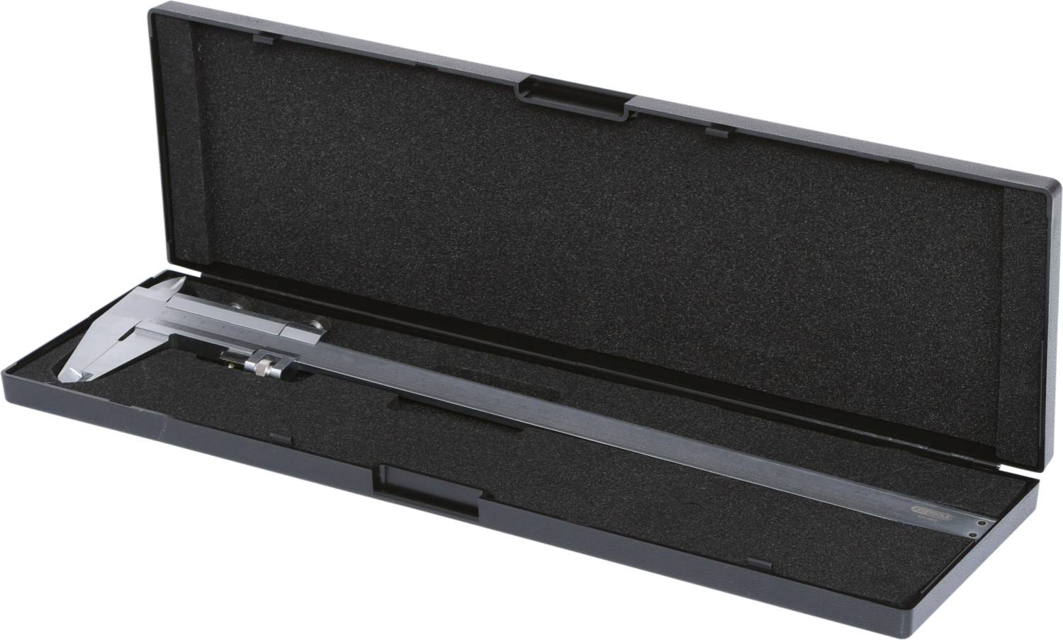 Ein silberner Messschieber liegt in einem offenen schwarzen Etui. Das Schutzhülle dient zur sicheren Aufbewahrung des Werkzeugs.