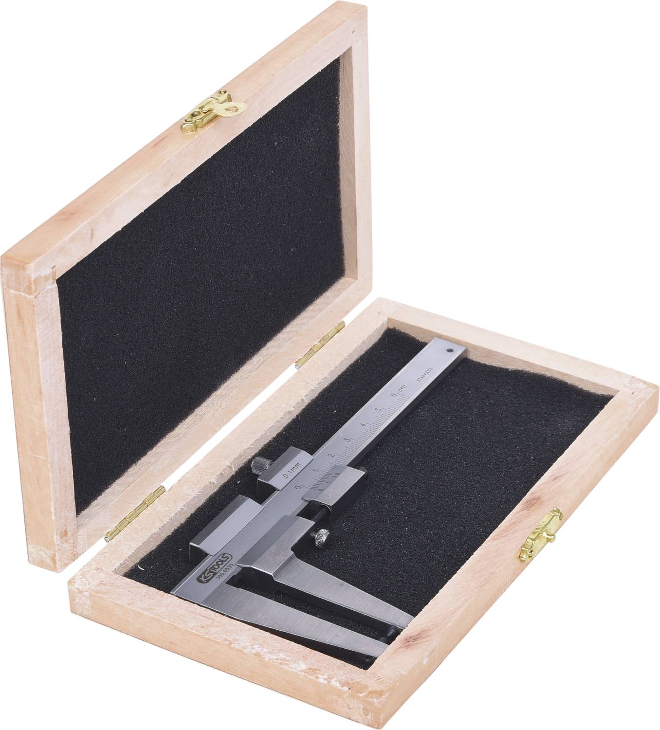 Höhenmessschieber in einer offenen Holzkiste mit schwarzer Schaumstoffpolsterung.