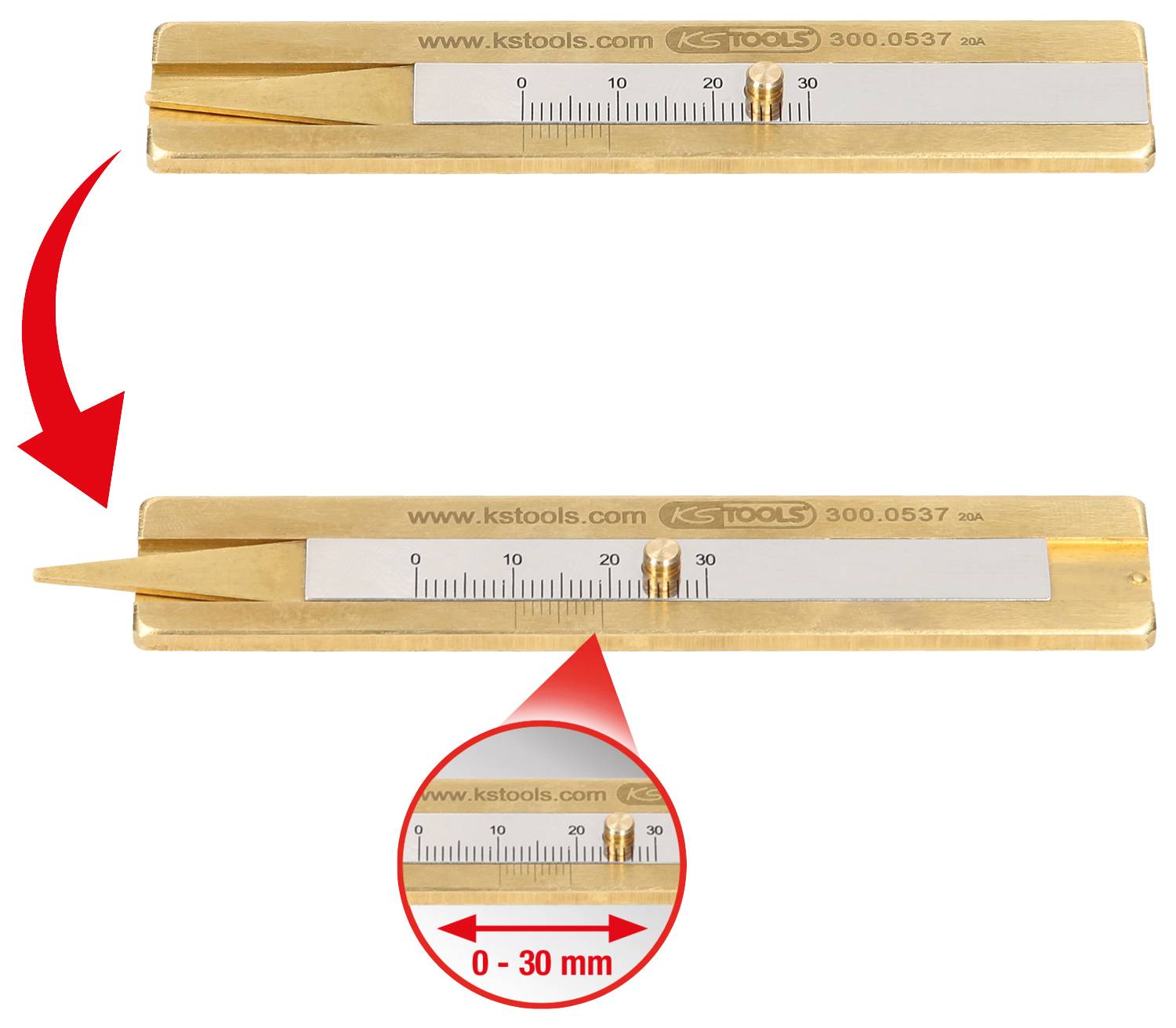 Messlehre zur Tiefenmessung, zeigt Skala von 0 bis 30 mm. Markierung bei 25 mm hervorgehoben durch vergrößerten Ausschnitt.