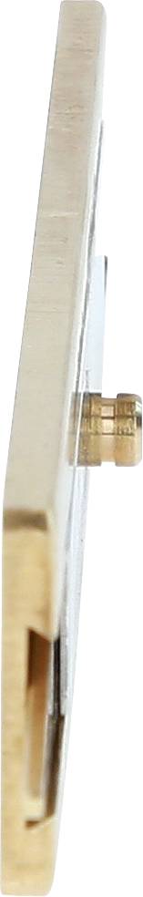 Eine dünne, rechteckige, goldfarbene Metallplatte mit einem kleinen zylindrischen Stift in der Mitte. Seitenansicht.