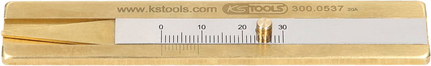 Messlehre mit Skala von 0 bis 30. Goldfarbene Metallplatte mit Markierung 'www.kstools.com 300.0537'.