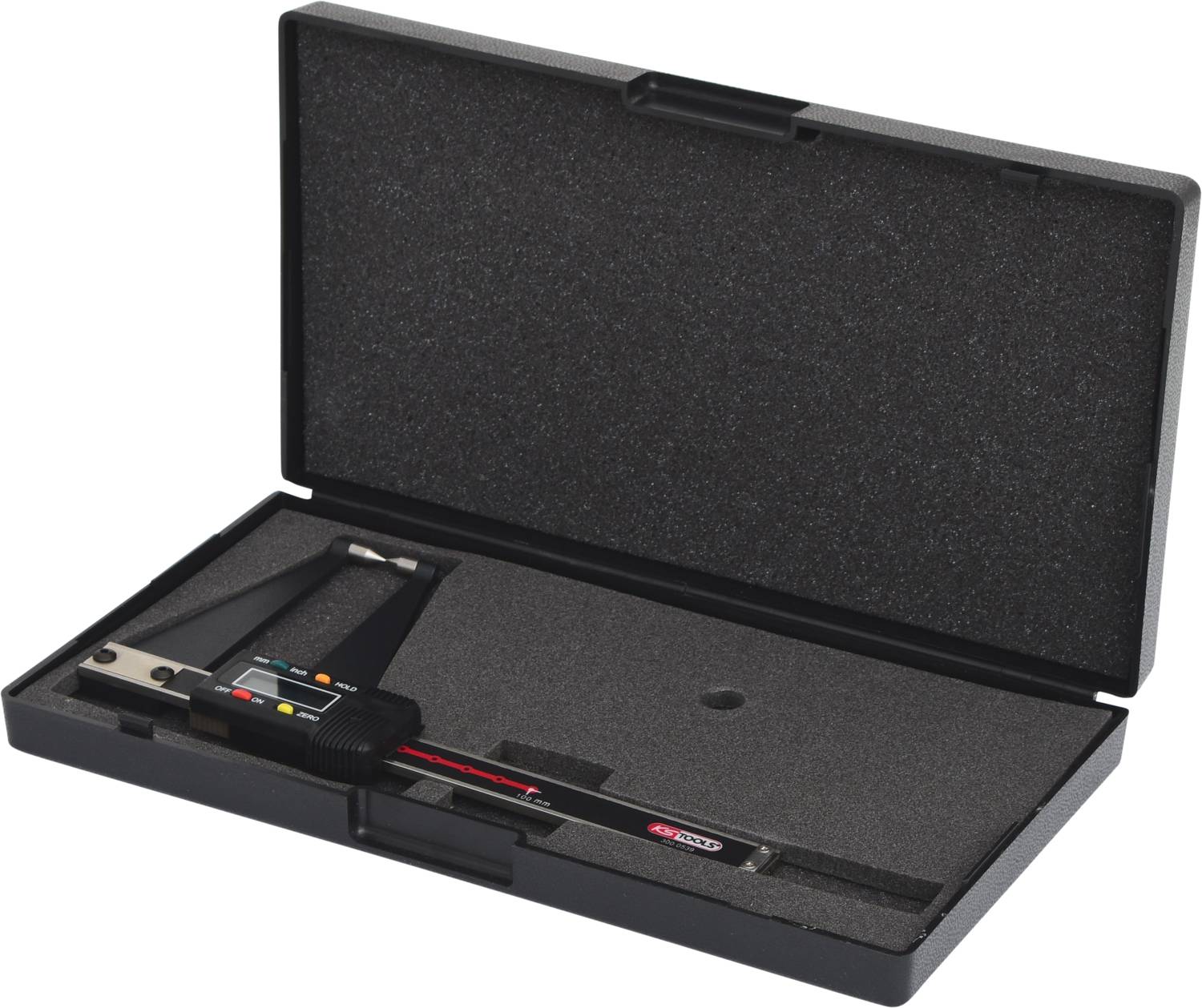 Ein digitaler Messschieber liegt in einem geöffneten schwarzen Koffer mit Schaumstoffeinlage, geeignet zum präzisen Messen von Objekten.