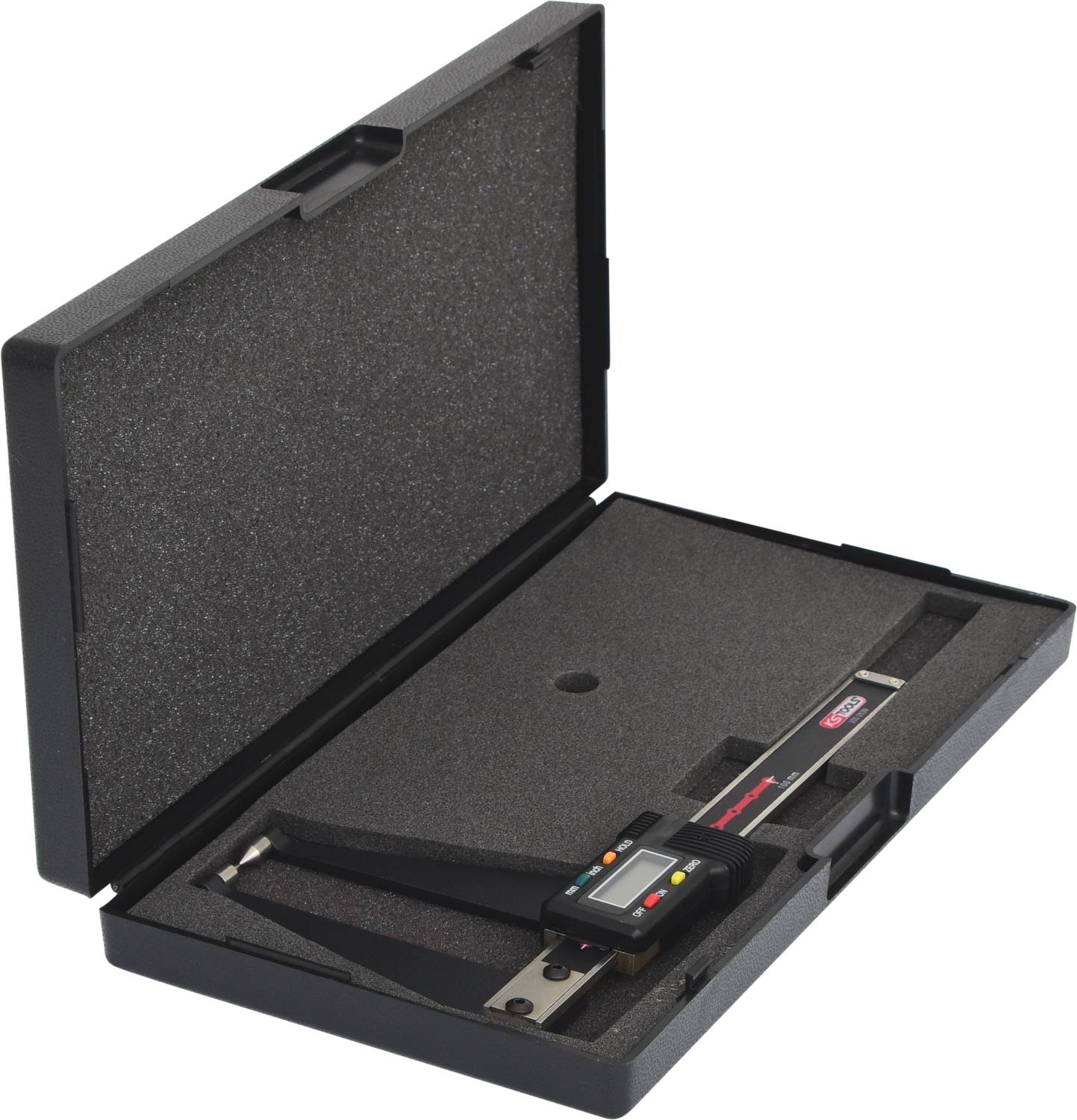 Digitaler Messschieber in offenem schwarzen Etui; das Etui ist mit Schaumstoff ausgekleidet.