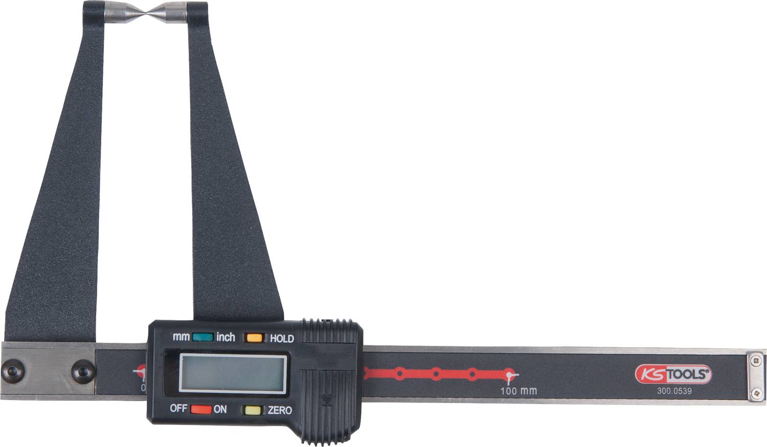 Digitaler Messschieber mit LCD-Display zeigt Messung in Millimetern und Zoll, markiert mit 100 mm Skala, Marke KS Tools.