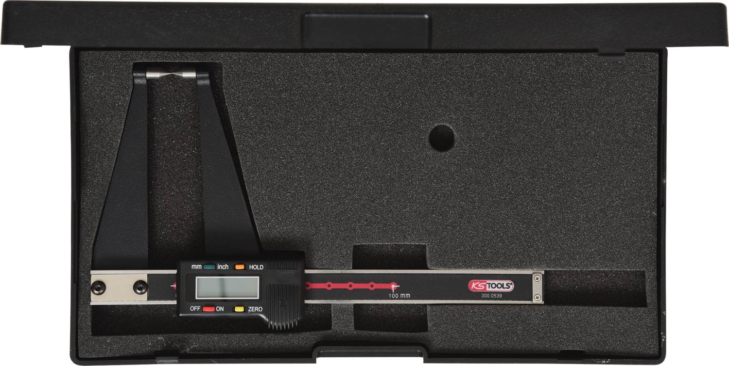 Digitaler Messschieber in offener schwarzer Schutzhülle, zeigt mm- und Zoll-Einstellungen und LCD-Bildschirm für Messungen.