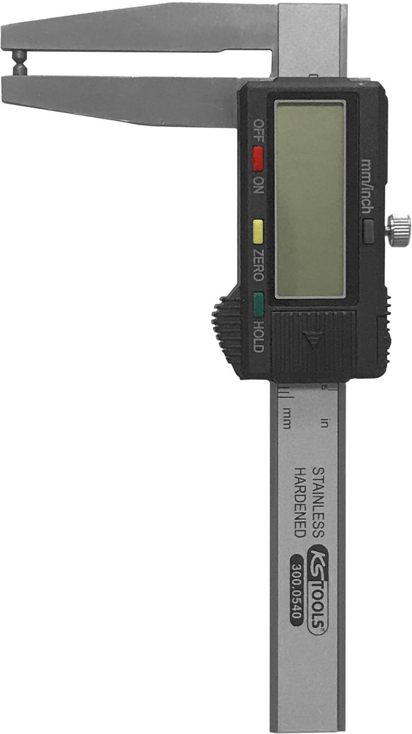 Digitale Schieblehre mit LCD-Display, Messbereich in Millimetern, Edelstahl, in eingeschaltetem Zustand.