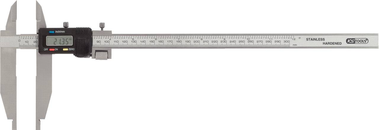 Eine digitale Schieblehre zeigt eine Messung von 21,35 mm. Die Skala ist in Millimeter und Zoll unterteilt, mit Edelstahlgehäuse.