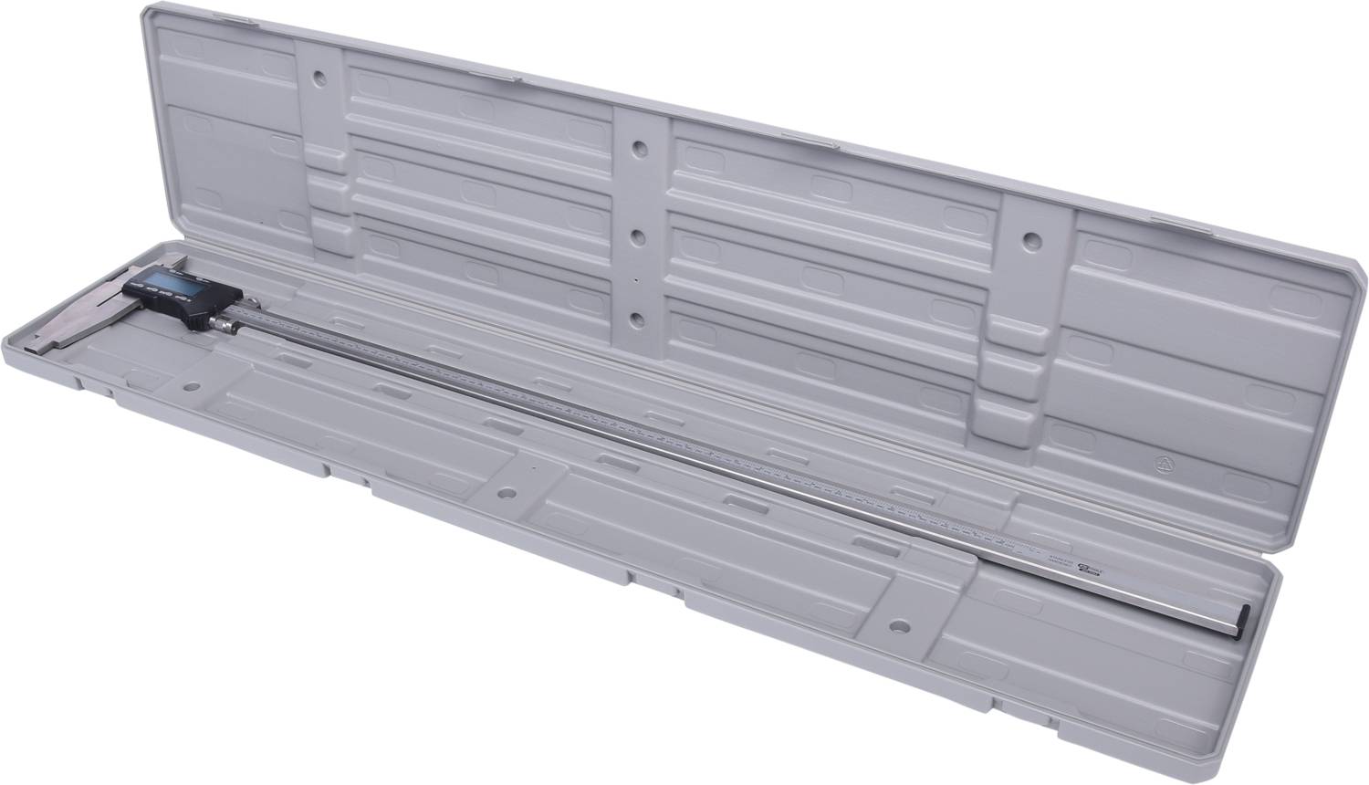 Digitaler Messschieber in einem länglichen grauen Kunststoffetui.