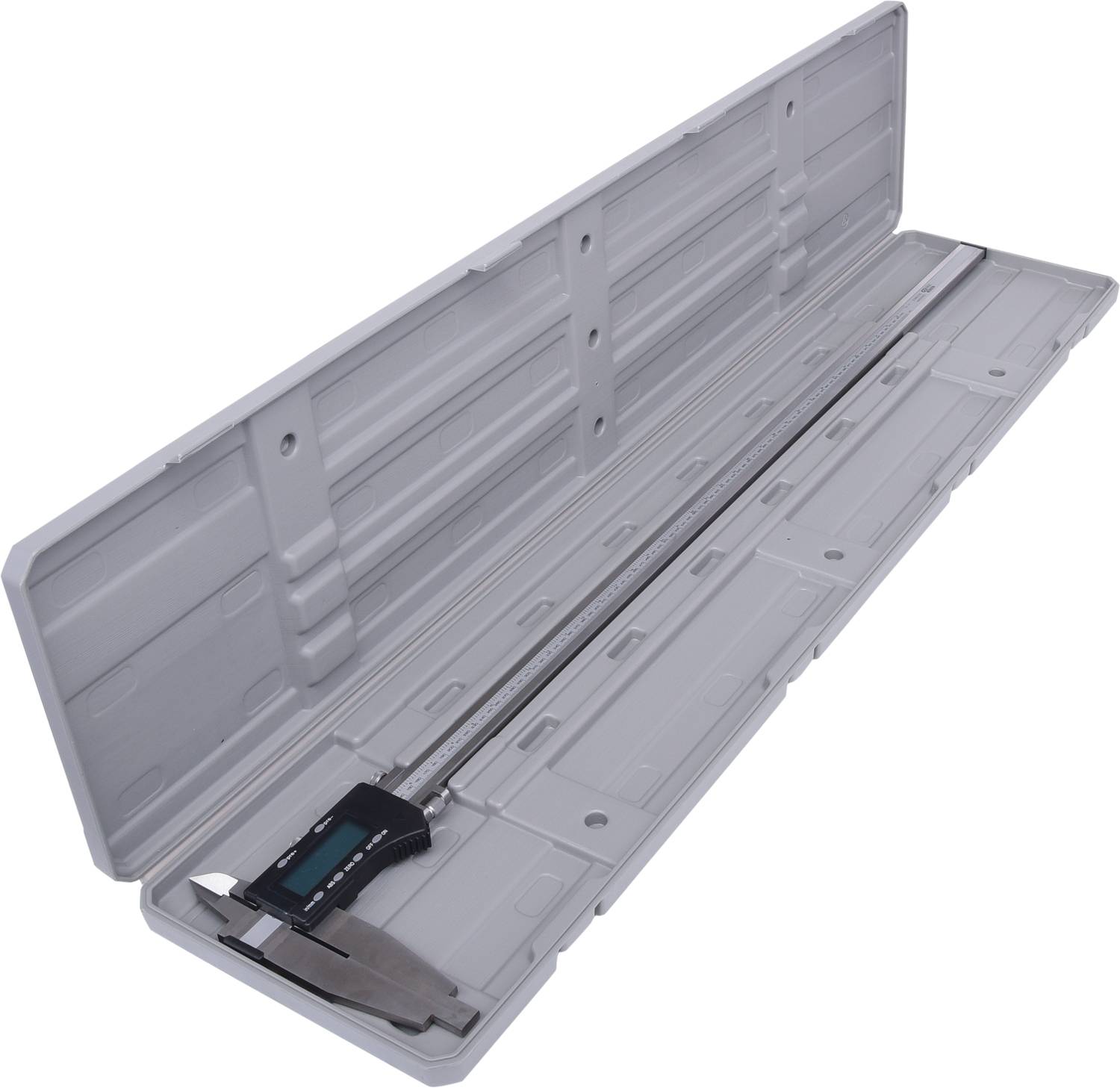 Ein digitales Messschieberwerkzeug liegt geöffnet in einer grauen Kunststoffbox.