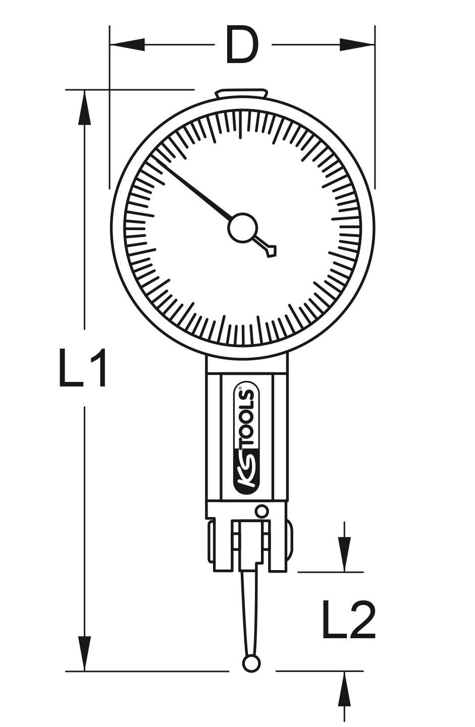 Technische Zeichnung eines Messinstruments mit Ziffernblatt und Messstab. Beschriftet mit L1, L2 und D als Maßeinheiten.