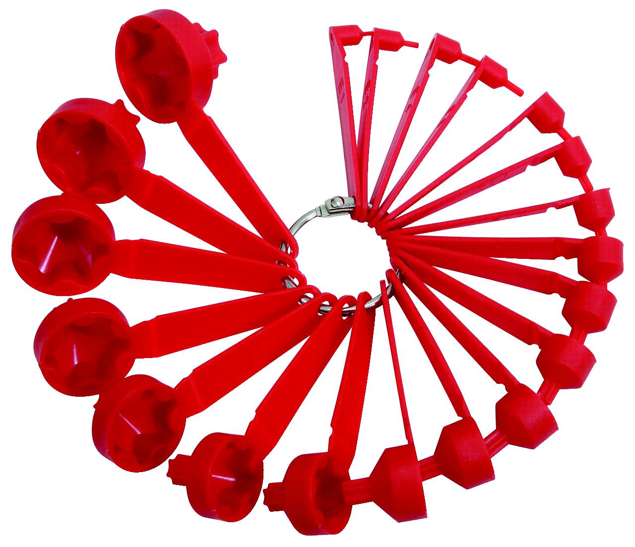 Rote Messlöffel in verschiedenen Größen, fächerförmig auf einem Ring angeordnet, zur genauen Abmessung von Zutaten.