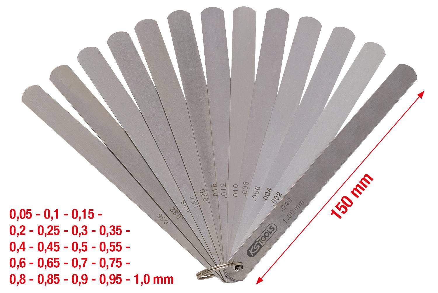 Fühlerlehre mit mehreren Metallblättern unterschiedlicher Dicke von 0,05 mm bis 1,0 mm, auf Ring gehalten, für präzise Messungen.