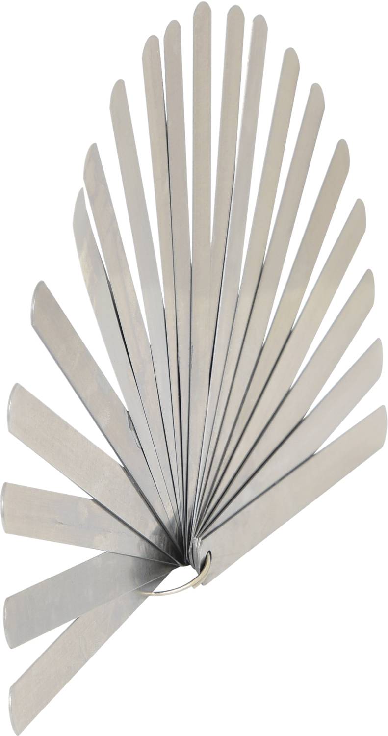 Ein Fühlerlehre-Set aus Metall mit mehreren langen, flachen Blättern, die an einem Ring befestigt sind, zum Messen von Spalten.