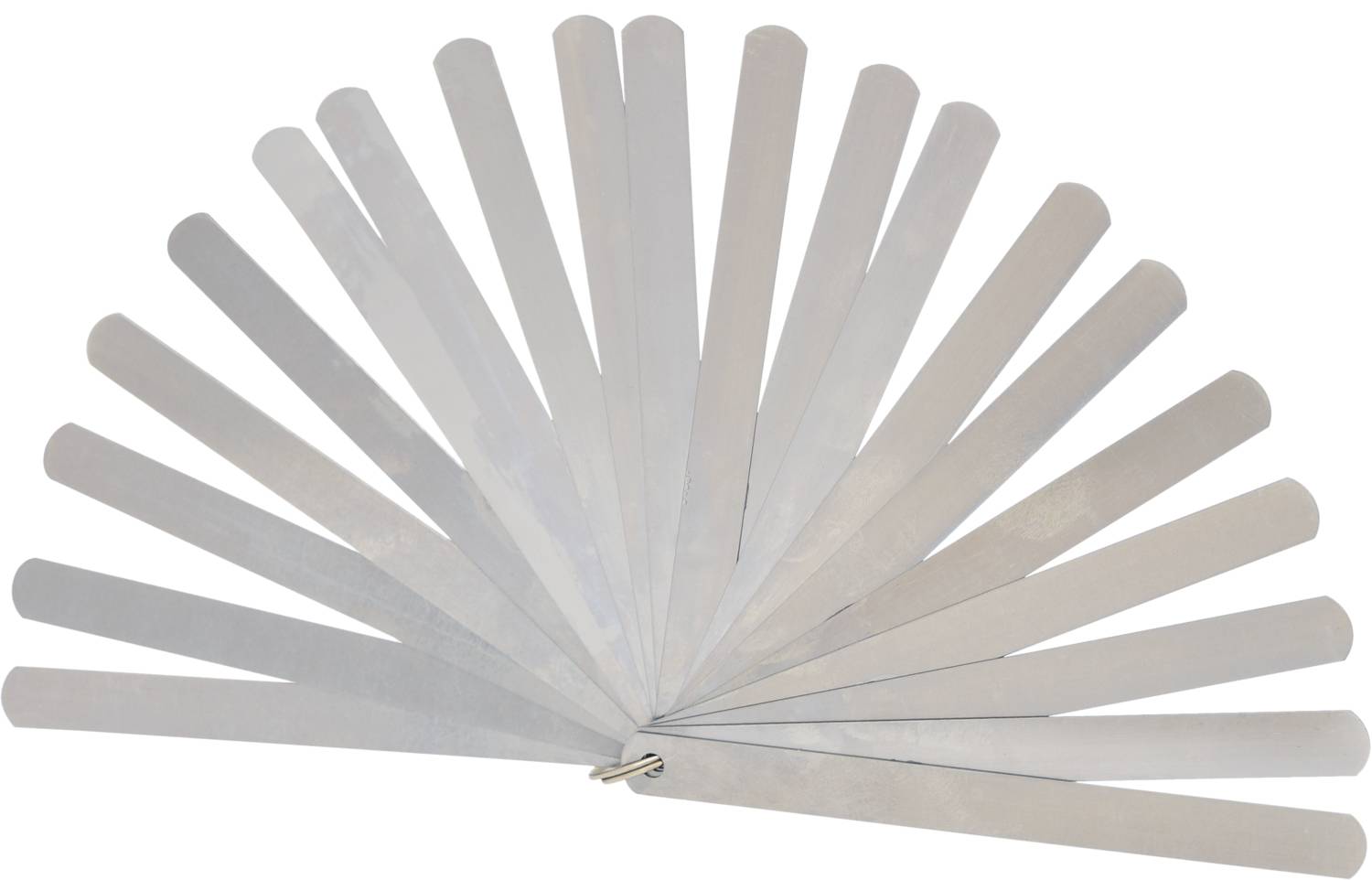 Ein Satz Fühllehrenblätter, fächerförmig angeordnet, gezeigt in verschiedenen Dicken zur Messung kleiner Spalten oder Abstände.