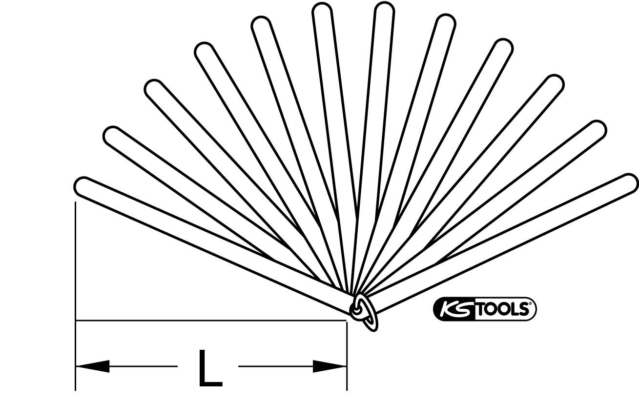 Abbildung eines Fächers aus Messblättern mit KS Tools Logo. Messblätter sind in einem radialen Muster angeordnet.