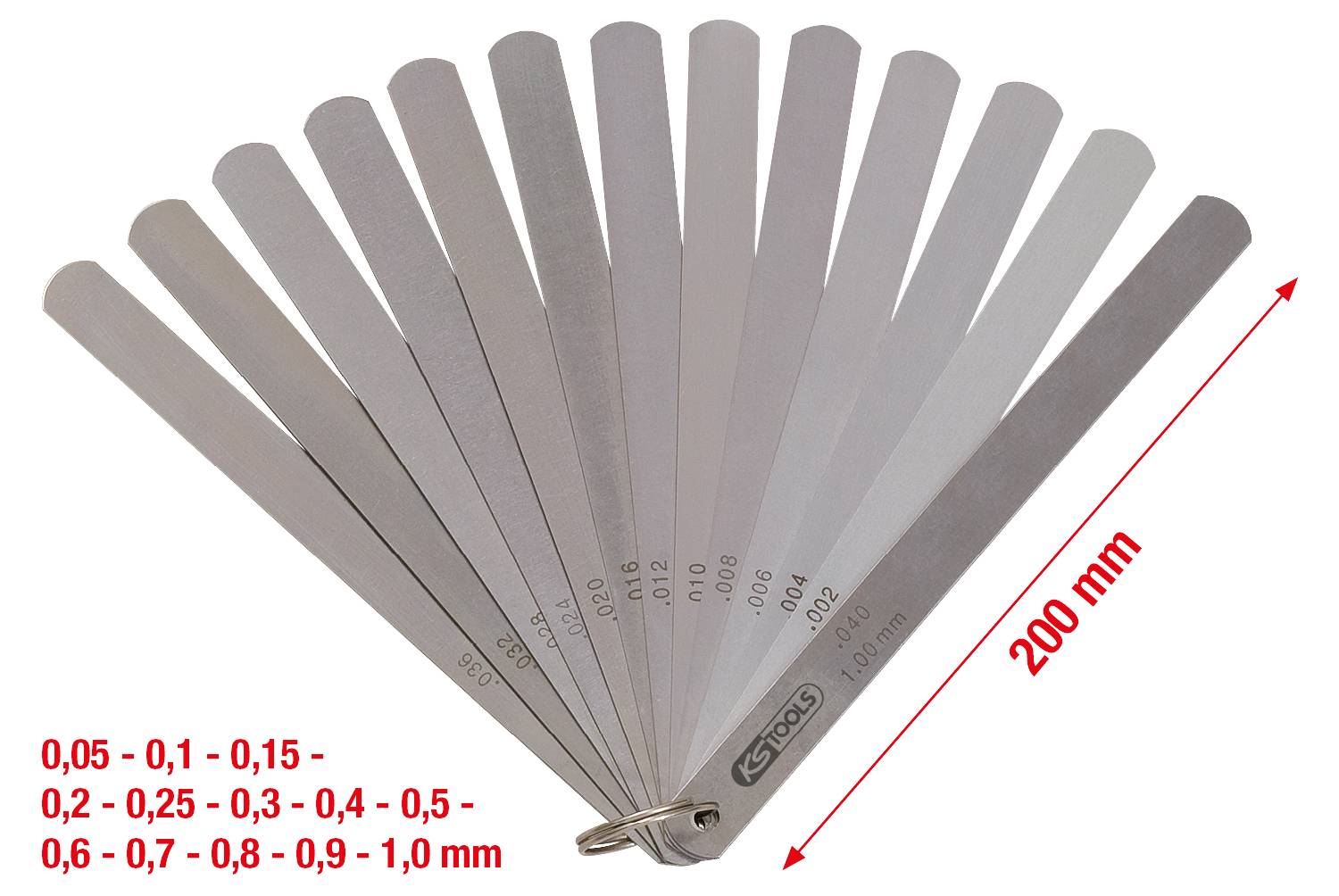 Ein Satz Fühlerlehrenblätter in verschiedenen Größen von 0,05 mm bis 1,0 mm auf einem Ringfächer, begleitet von einer roten 200-mm-Längenangabe.