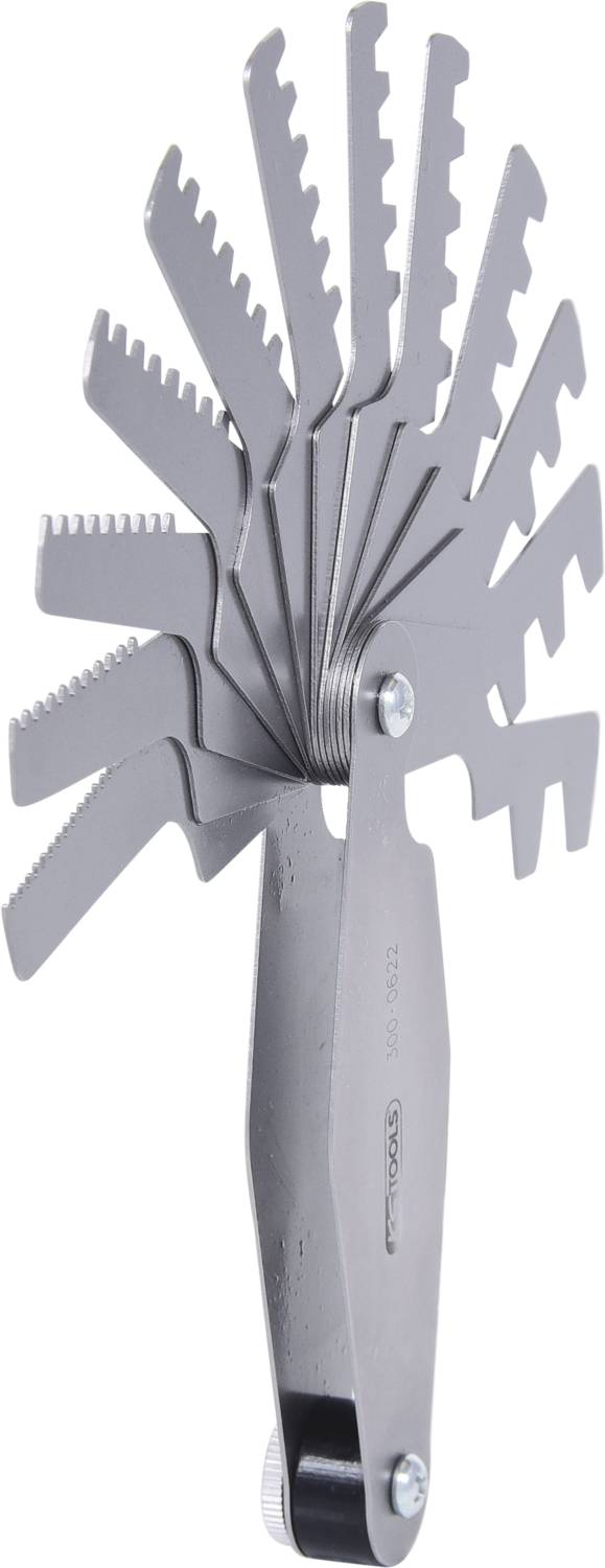 Metallschneidwerkzeug mit mehreren gezackten Klingen, die fächerförmig angeordnet sind, für feine und präzise Arbeiten geeignet.
