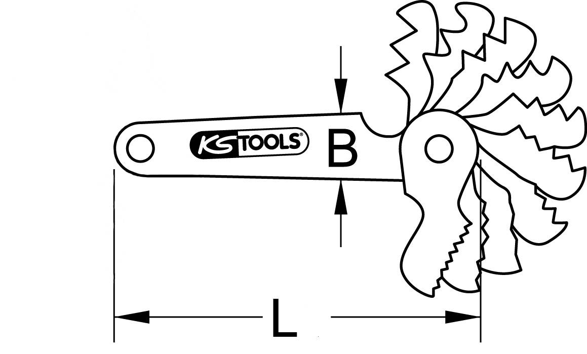 Messlehre für Gewindesteigungen von KS Tools, zeigt verschiedene Zahnformen für metrische und zöllige Gewindegrößen.