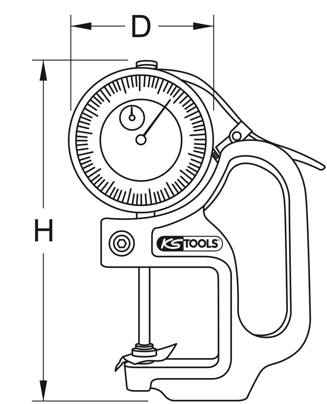 Zeichnung eines Messinstruments mit analoger Skala. Markierungen für Höhe (H) und Durchmesser (D) sind hervorgehoben.
