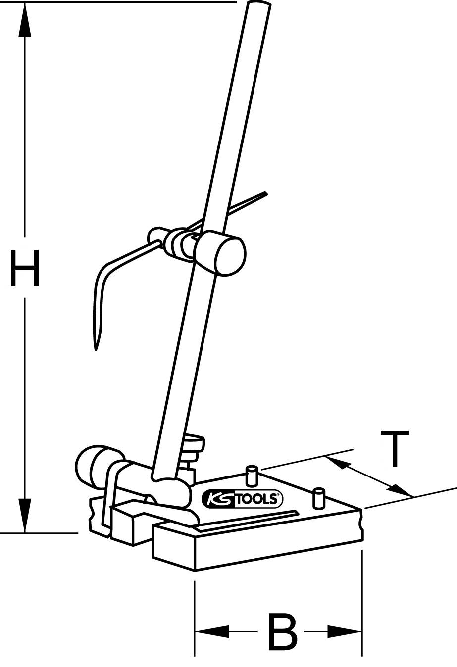 Diagramm eines Messstativs von KS Tools, zeigt Höhe (H), Tiefe (T) und Breite (B) der Basis mit Halterung für Messinstrument.
