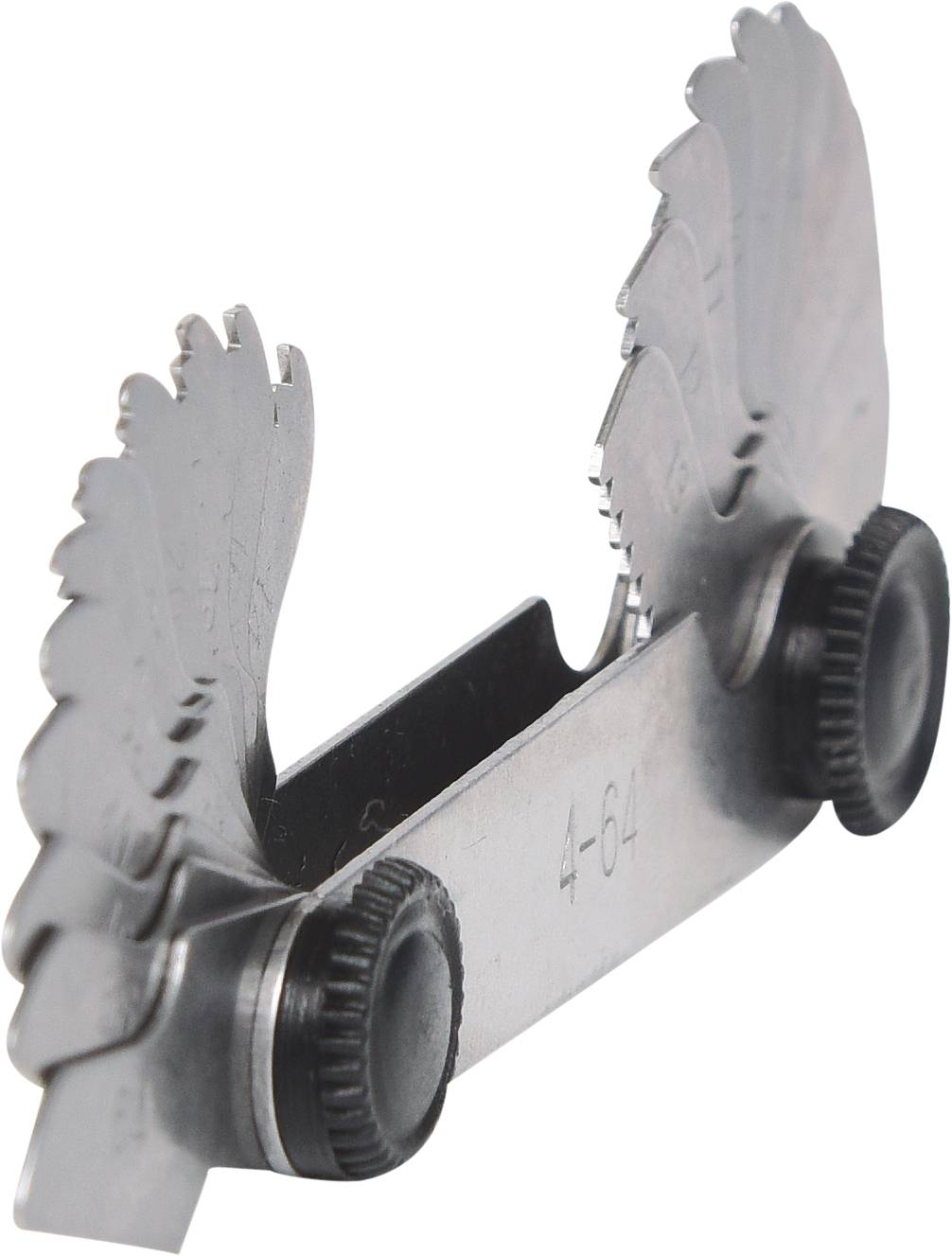 Ein Verzahnungslehren-Set aus Metall mit mehreren gefächerten Blättern in verschiedenen Größen, zur Messung von Zahnradprofilen.