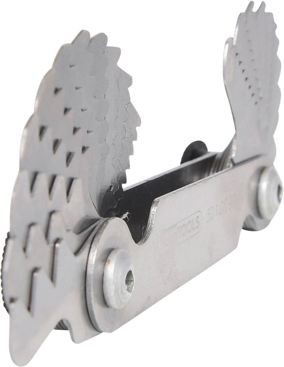 Ein Metallwerkzeug mit scharnierartigen, gefiederten Flügeln, vermutlich ein Messinstrument für Profil- oder Gewindemessungen.