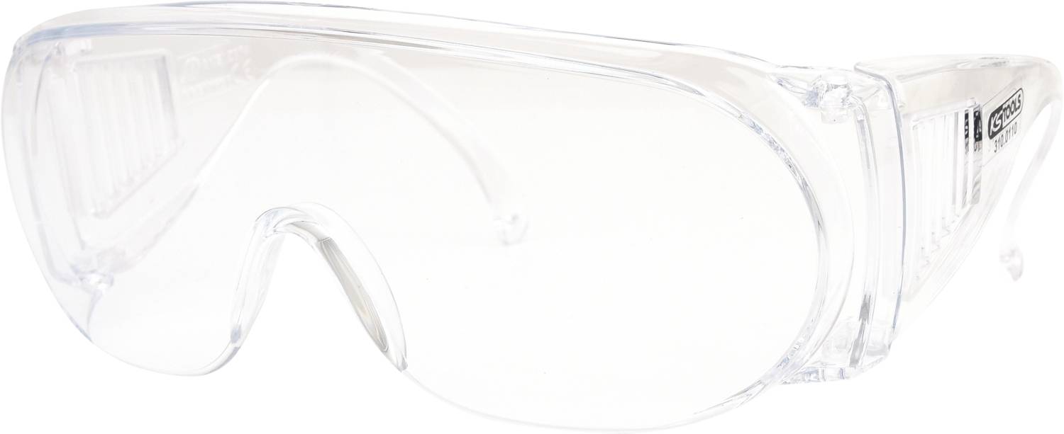 Klare Schutzbrille aus Kunststoff, die Augen schützt. Geeignet für Laboreinsätze oder Arbeiten mit gefährlichen Materialien.