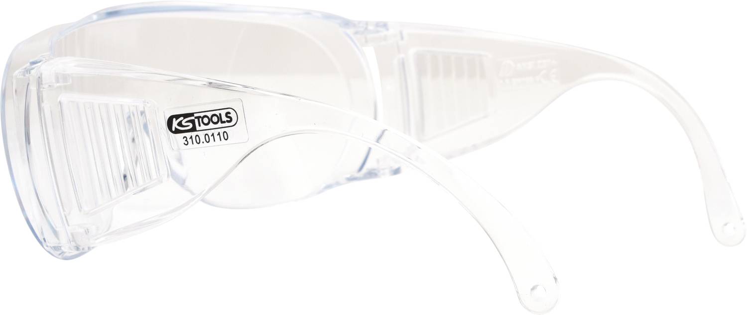 Transparente Schutzbrille mit klaren, umschließenden Gläsern und seitlichem Schutz für erhöhte Sicherheit bei handwerklichen Arbeiten.