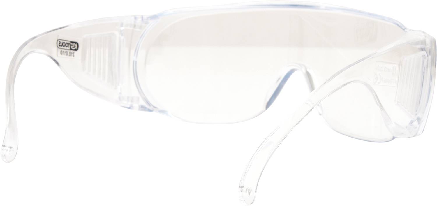 Durchsichtige Schutzbrille mit klaren Gläsern und seitlichem Schutz für Augensicherheit bei Arbeiten oder in gefährlichen Umgebungen.
