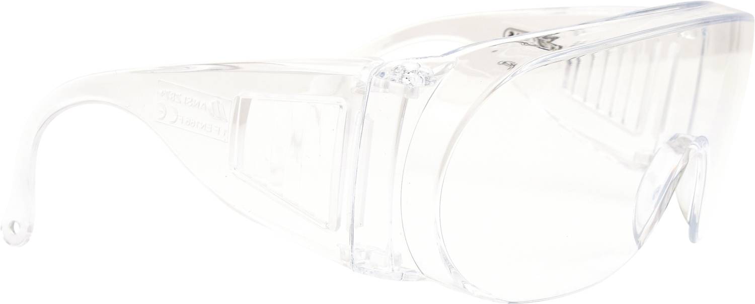 Transparente Schutzbrille mit seitlichem Schutz, geeignet für Laborarbeiten oder Werkstattumgebungen.