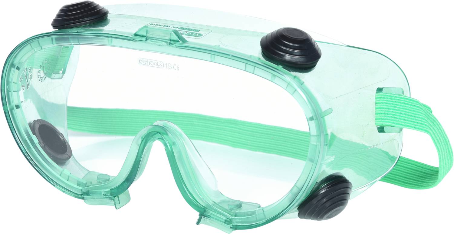 Schutzbrille aus transparentem Kunststoff mit vier Lüftungsöffnungen und flexiblem Gummiband. Ideal für Laborarbeiten.