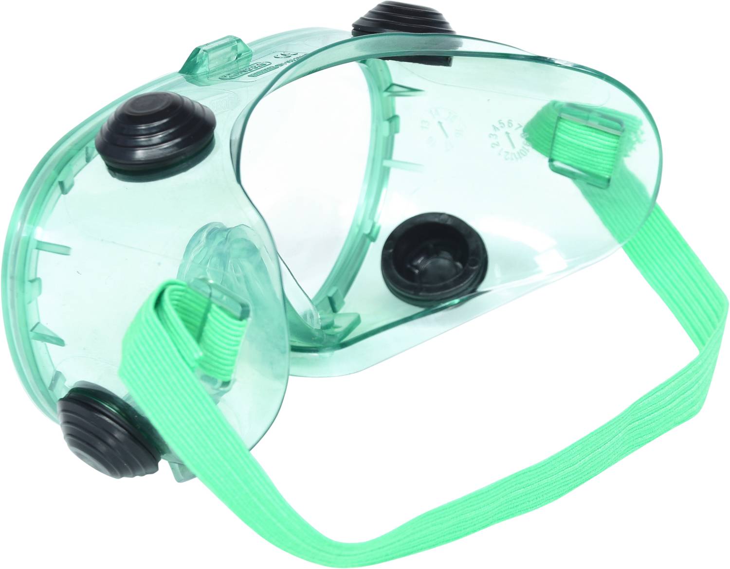 Durchsichtige Tauchmaske mit grünen elastischen Bändern, seitlichen Ventilen und runder Sichtscheibe.