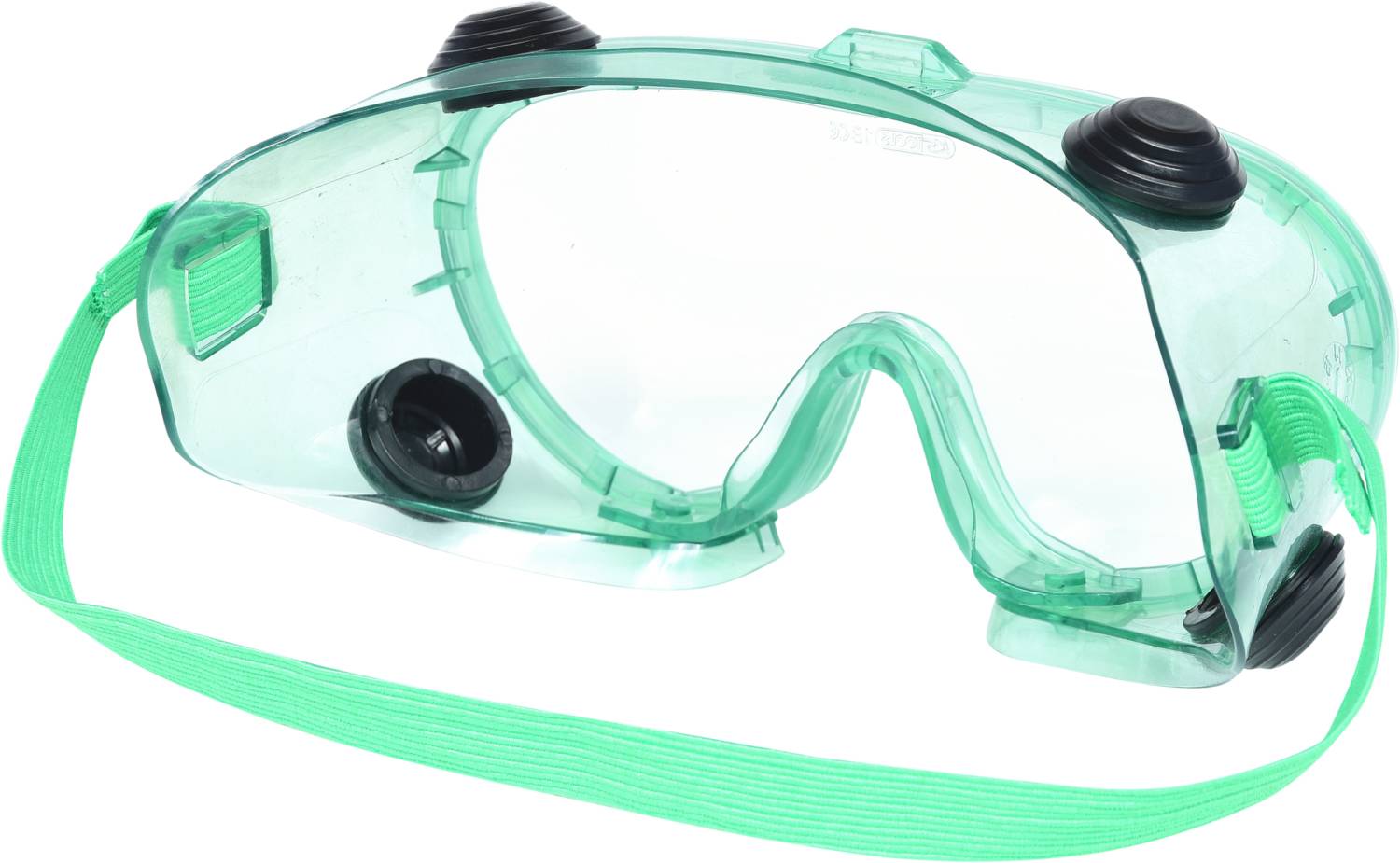 Schutzbrille aus transparentem grünen Kunststoff mit schwarzem Ventil und einem verstellbaren, elastischen Band.