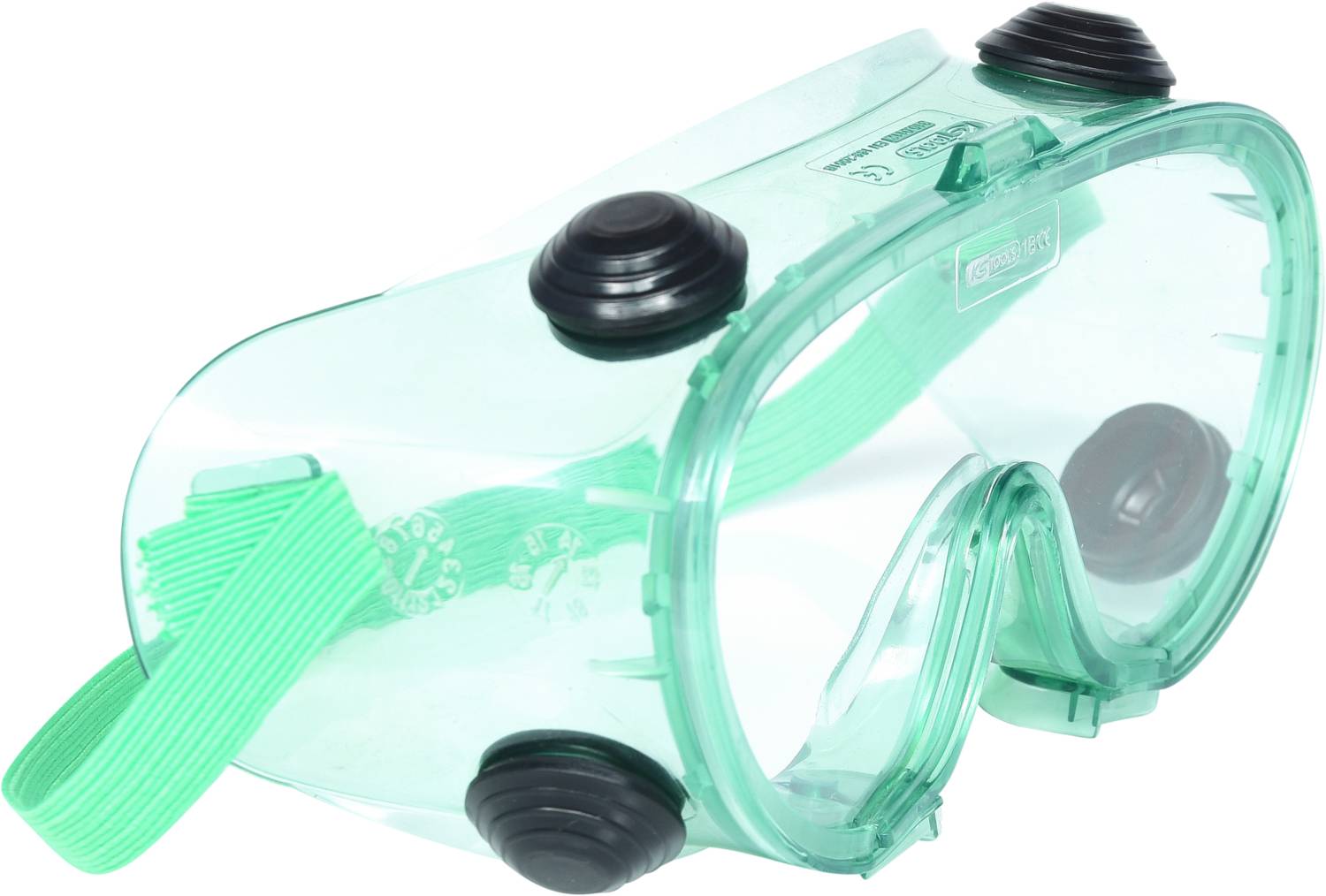 Eine grüne Schutzbrille, die mit schwarzen Belüftungselementen ausgestattet ist. Sie bietet Schutz für die Augen bei Laborarbeiten.
