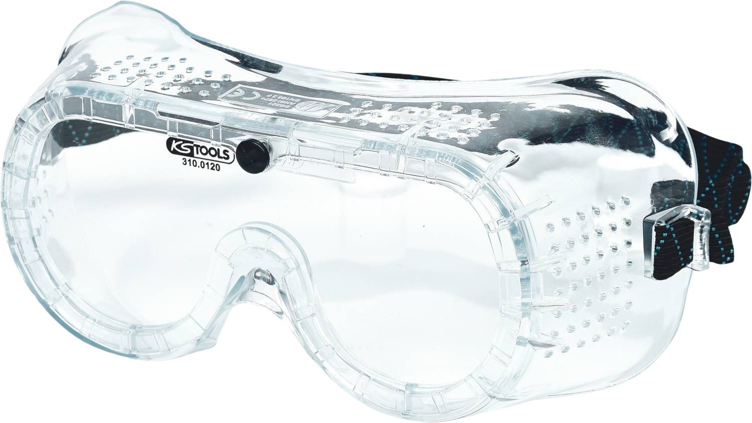 Schutzbrille aus durchsichtigem Kunststoff mit schwarzem elastischem Band und seitlicher Belüftung, geeignet für den Gebrauch in Werkstätten.