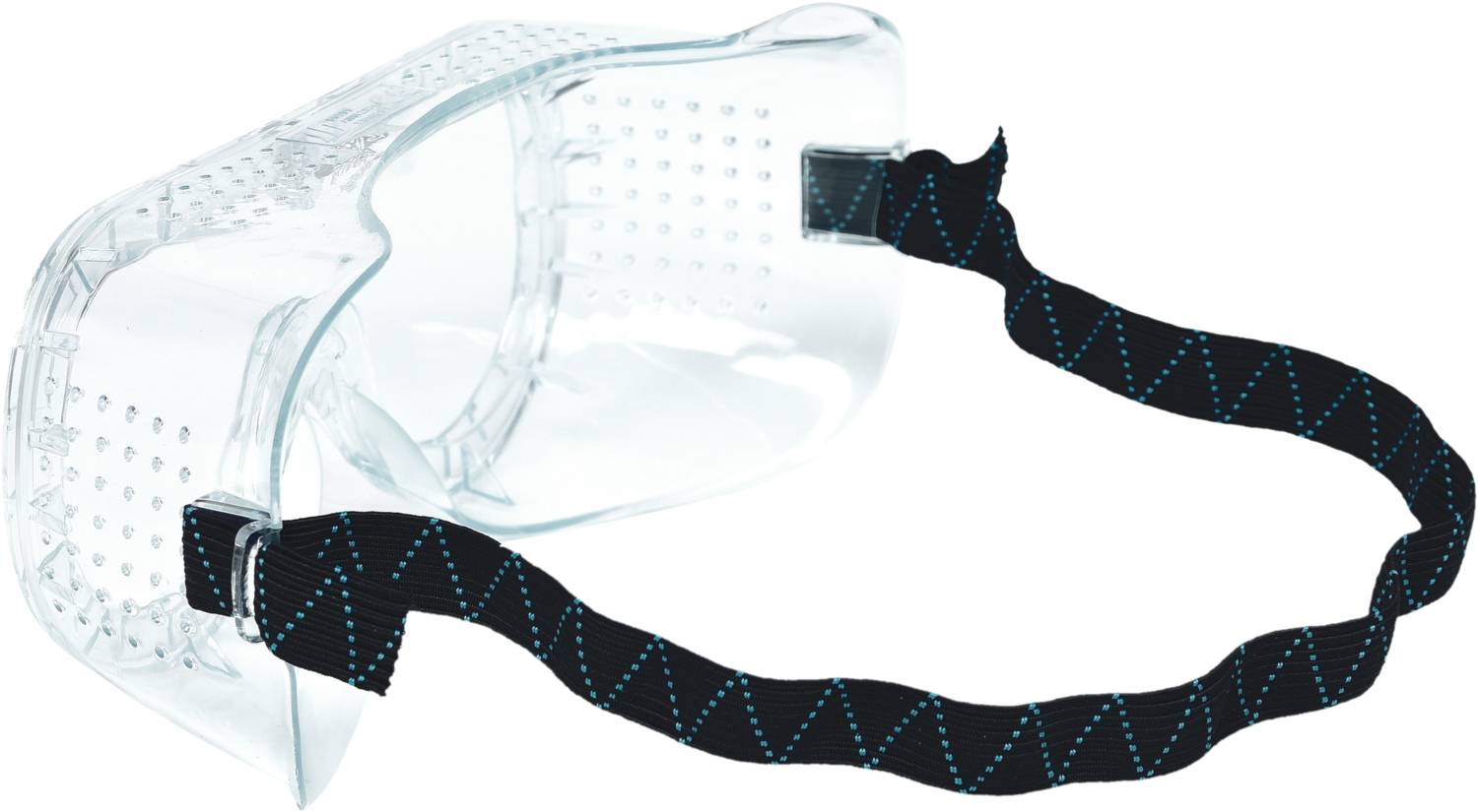 Schutzbrille aus klarem Kunststoff mit schwarzem, verstellbarem Gurt, geeignet zum Schutz der Augen bei chemischen oder handwerklichen Arbeiten.