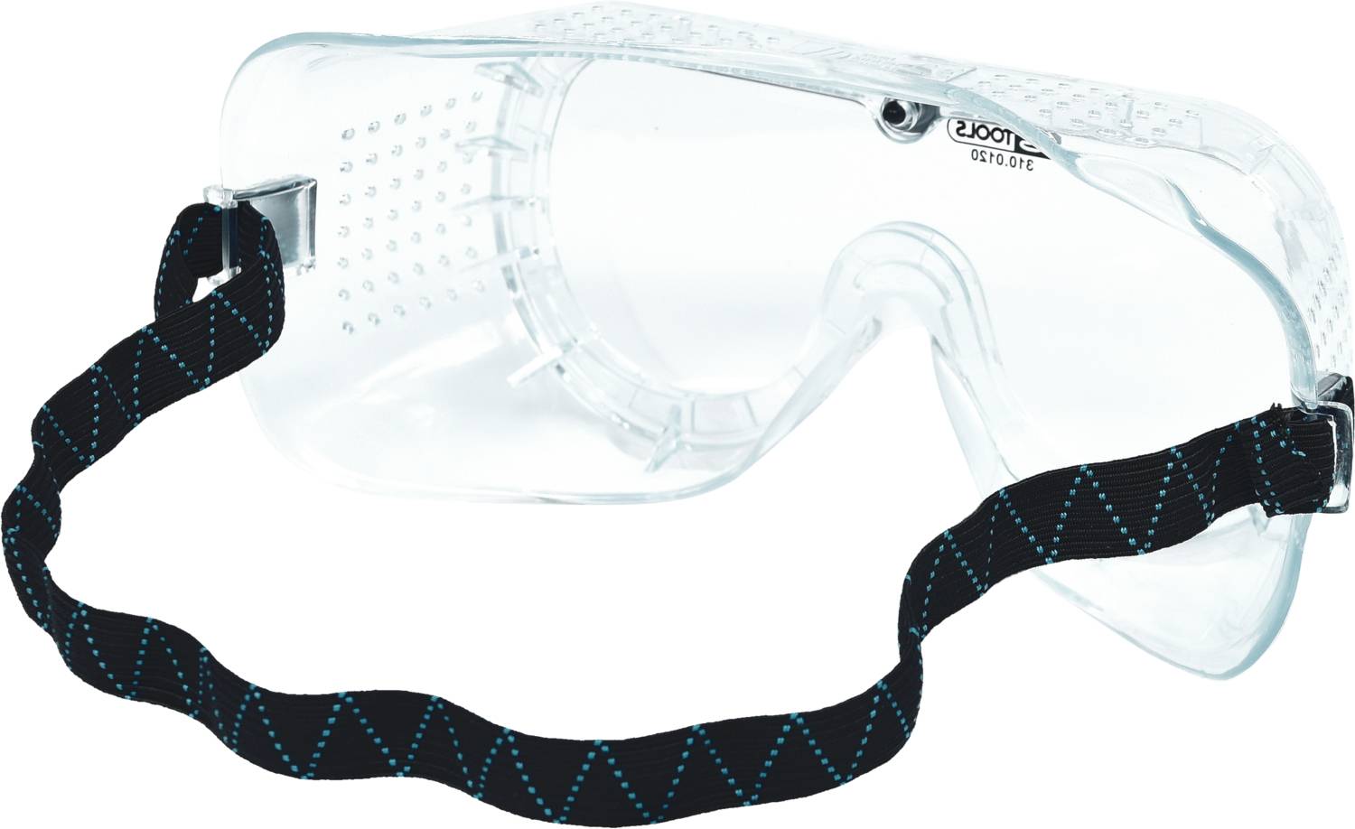 Schutzbrille mit einem durchsichtigen Glasrahmen und einem schwarzen, verstellbaren Riemen. Geeignet für Sicherheitszwecke.