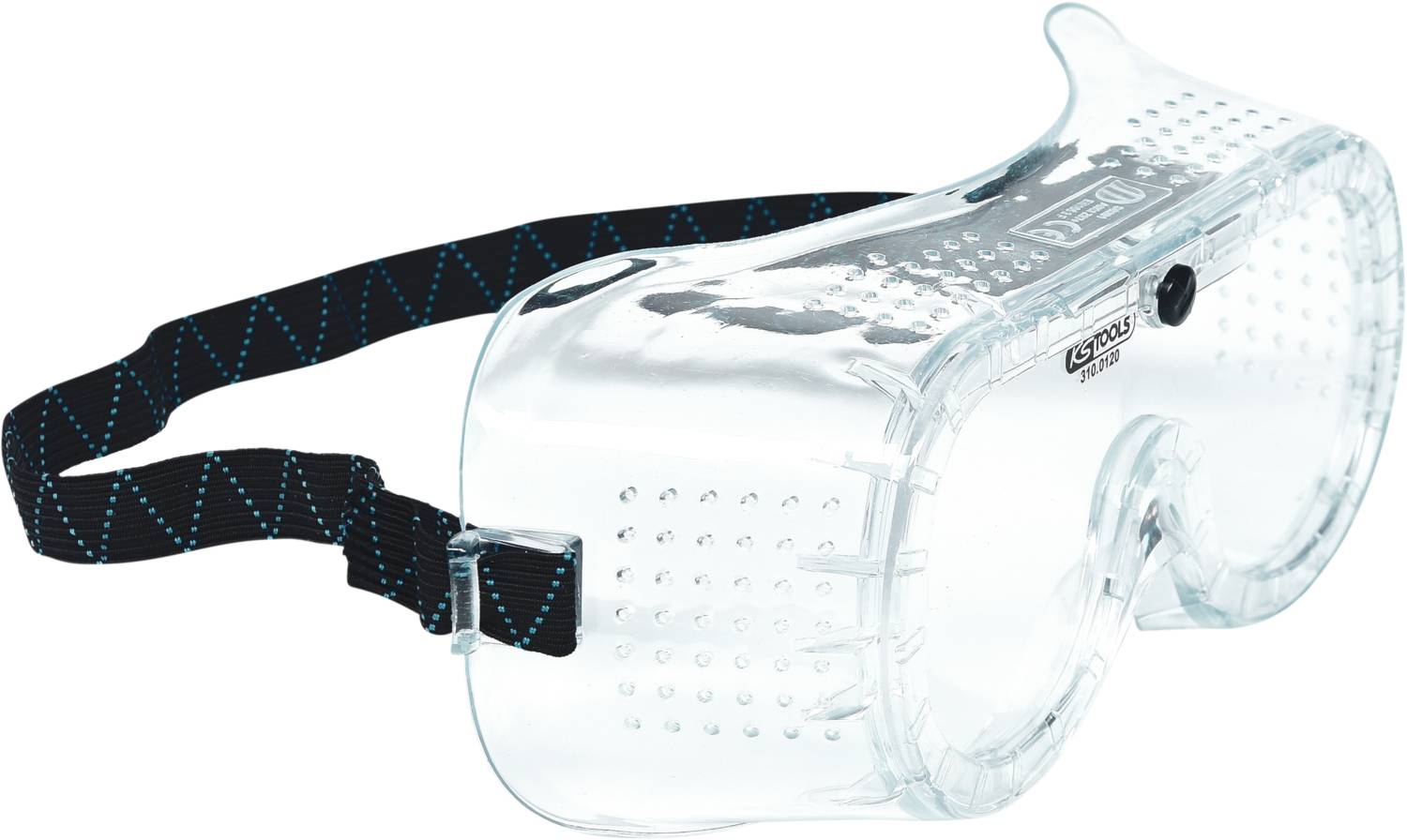 Durchsichtige Schutzbrille mit schwarzem, verstellbarem Stirnband und blauem Muster, geeignet für Augenschutz bei handwerklichen Tätigkeiten.