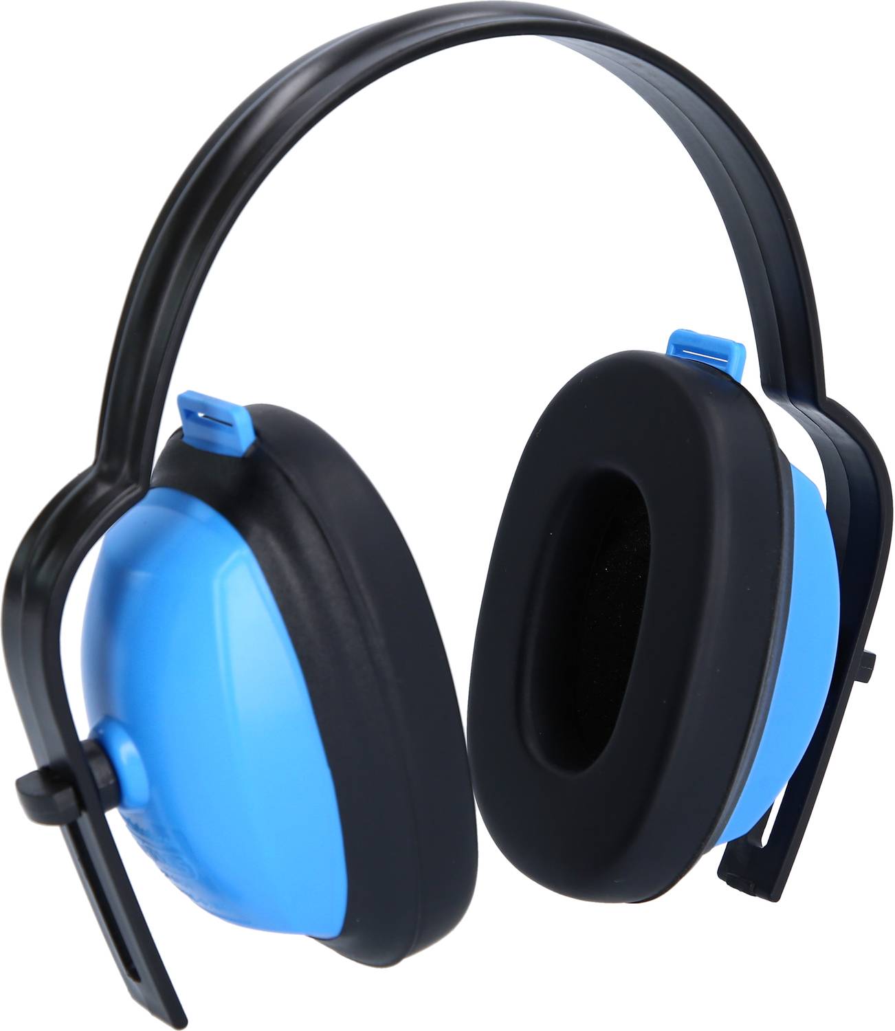 Schwarz-blaue Lärmschutzkopfhörer, die Schall reduzieren, auf weißem Hintergrund abgebildet.